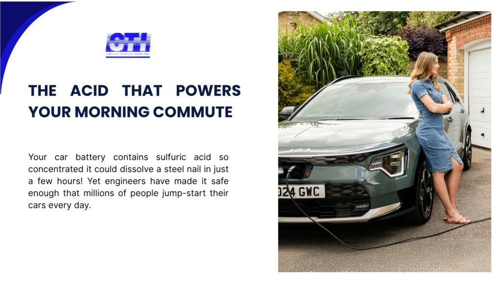 Woman standing next to car with text explaining how car battery contains concentrated sulfuric acid that could dissolve steel, illustrating everyday hazardous materials