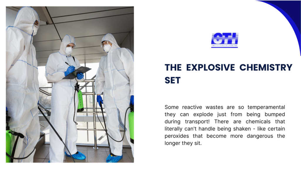  Three laboratory workers in full protective suits handling reactive chemical waste with text about explosive chemistry and temperamental reactive wastes