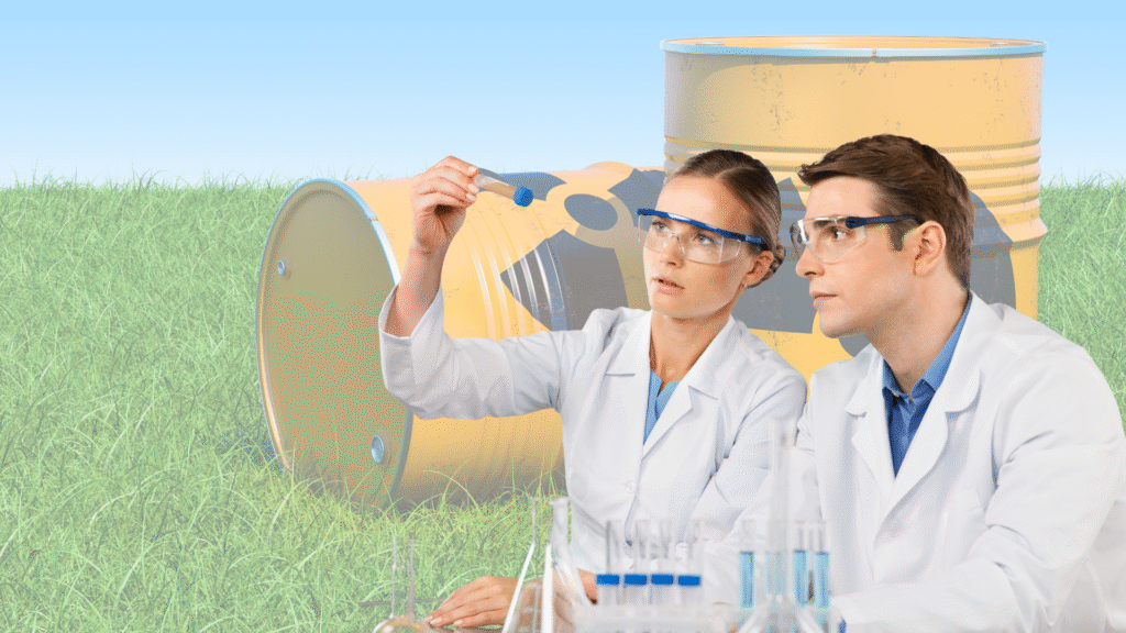 Scientists in lab coats analyzing different types of hazardous waste for proper classification and testing