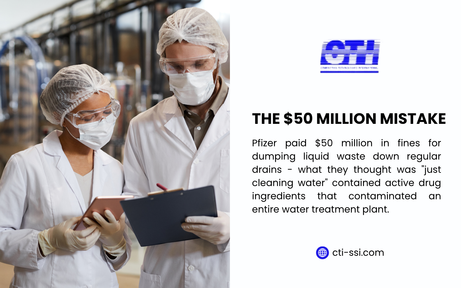 Pharmaceutical workers discussing liquid waste removal compliance after Pfizer's $50 million fine