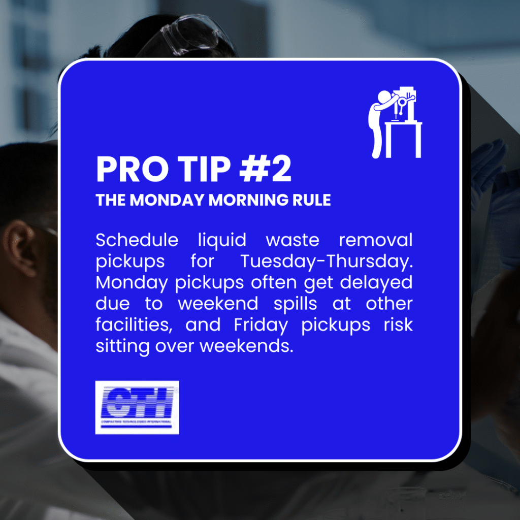 Industrial worker following liquid waste removal scheduling best practices