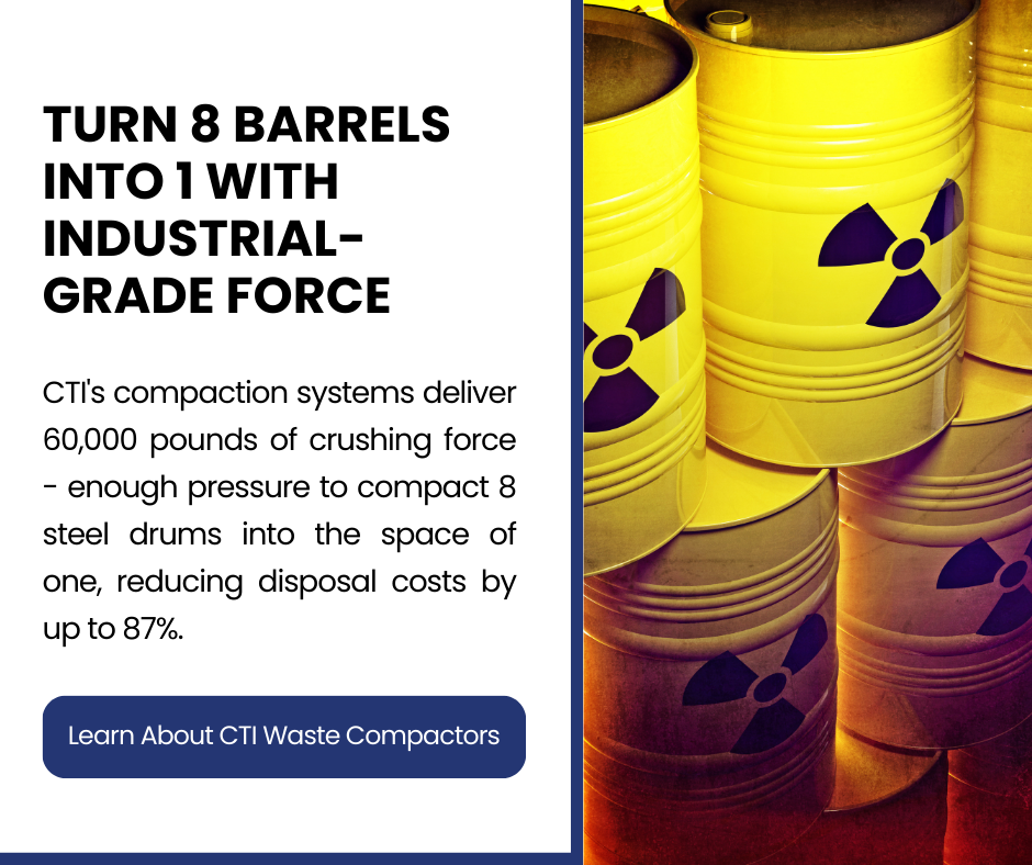 Advertisement for CTI Waste Compactors showing yellow steel barrels with radioactive warning symbols. Text highlights that CTI’s compaction systems deliver 60,000 pounds of crushing force, compacting 8 barrels into the space of 1 and reducing disposal costs by up to 87%. A button reads: Learn About CTI Waste Compactors.