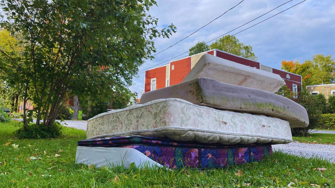 Image for How to Dispose of a Mattress Industrial Waste Management Guide, showing a large pile of old, discarded mattresses stacked on a grassy residential lawn.