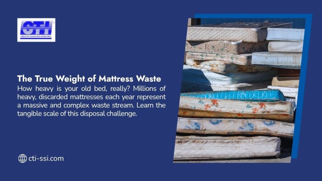 Image for The True Weight of Mattress Waste, showing a large, stacked pile of heavy, discarded mattresses, illustrating the scale of this complex waste stream.