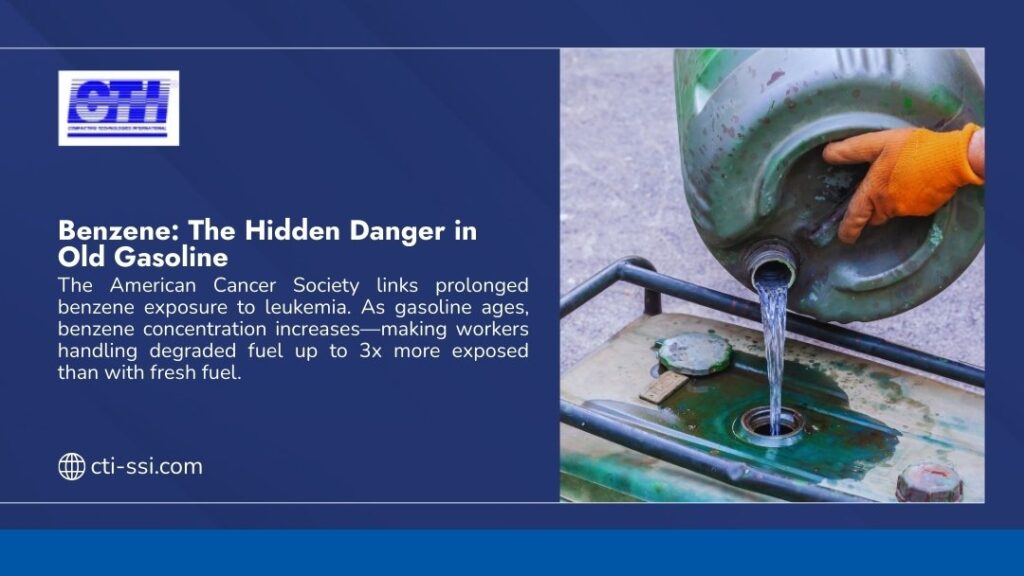 Worker pouring old gasoline from container, highlighting benzene the hidden danger in old gasoline with increased exposure risk from degraded fuel.