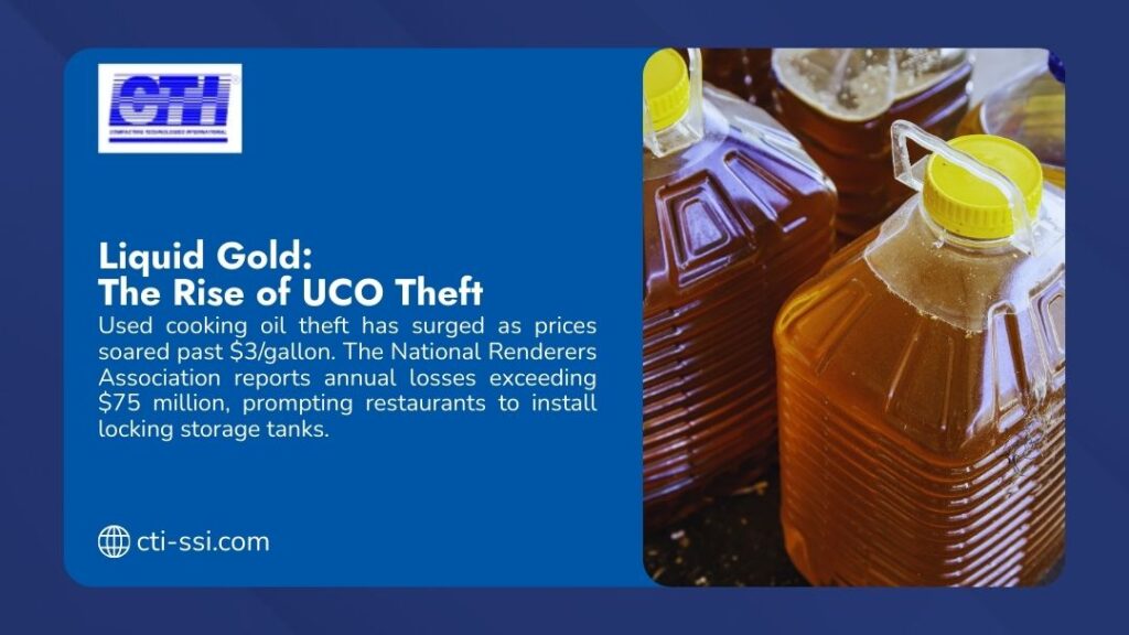 UCO theft infographic showing containers of used cooking oil, highlighting rising theft as prices surge past $3/gallon with $75 million annual losses.