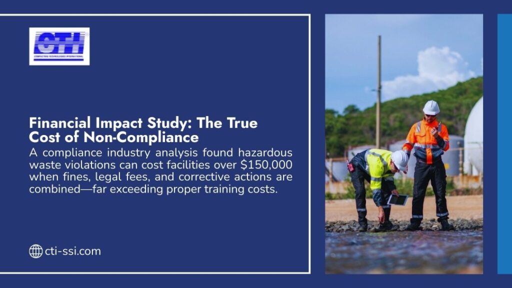 CTI infographic: financial impact study shows hazardous waste violations cost facilities over $150,000 in fines, legal fees, and corrective actions, far exceeding proper training costs