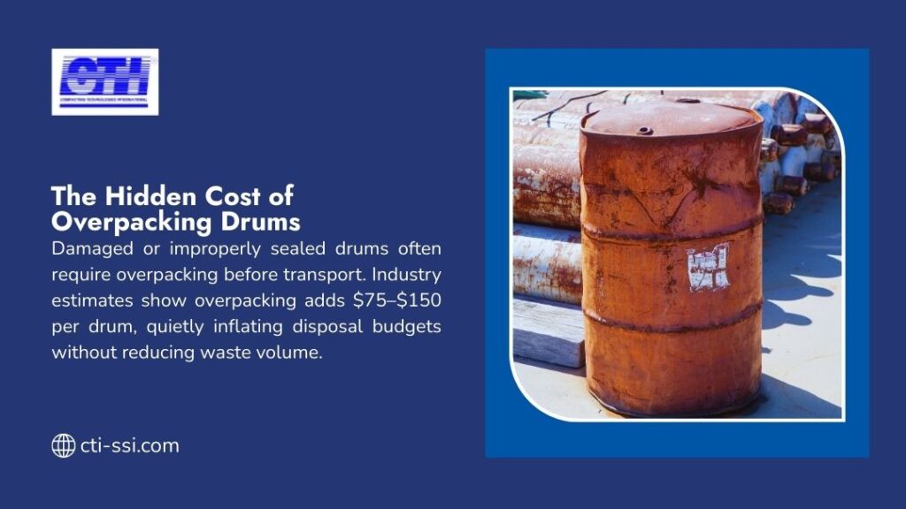 Rusted industrial drums showing hidden disposal costs from overpacking damaged containers for transport and waste management