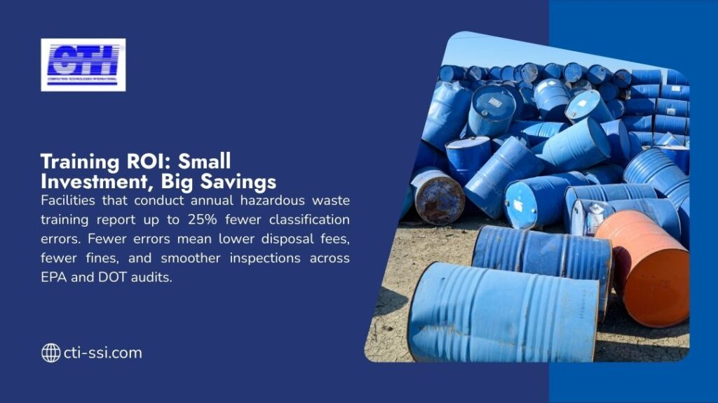 Industrial hazardous waste drums showing training ROI benefits including reduced classification errors, disposal fees, and regulatory compliance.