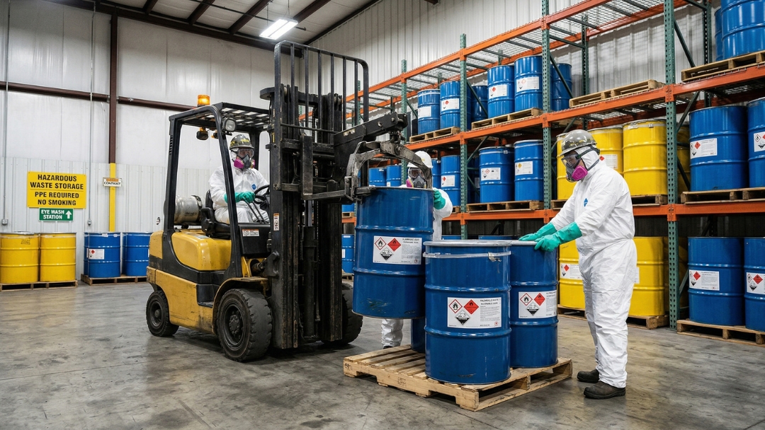 PPE-suited workers and a forklift handling labeled hazardous waste drums in a compliant industrial warehouse, illustrating drum handling safety best practices.