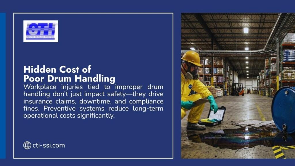 Hazmat worker in full protective gear responding to a chemical spill near a drum in a warehouse, illustrating the hidden costs of poor drum handling.
