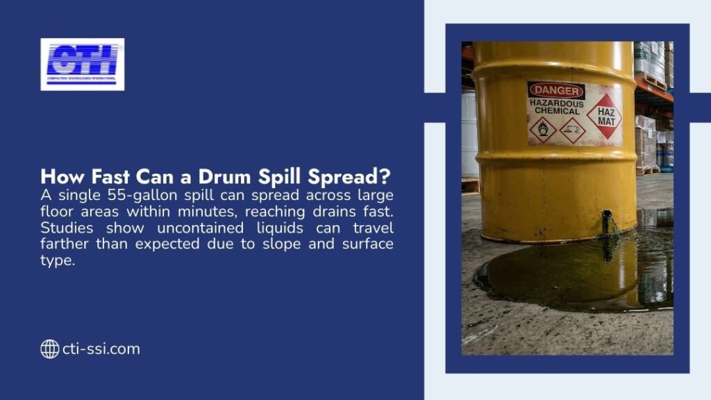 Yellow hazardous chemical drum leaking liquid onto a warehouse floor, illustrating how fast a drum spill can spread without containment.