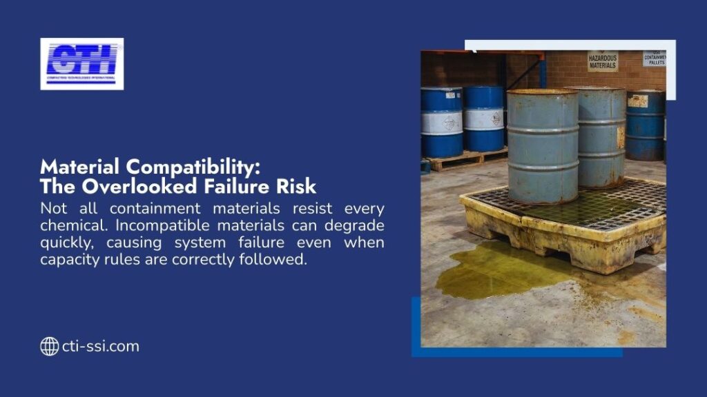 Rusty chemical drums leaking onto a degraded spill containment pallet in a warehouse, showing material compatibility failure risk.