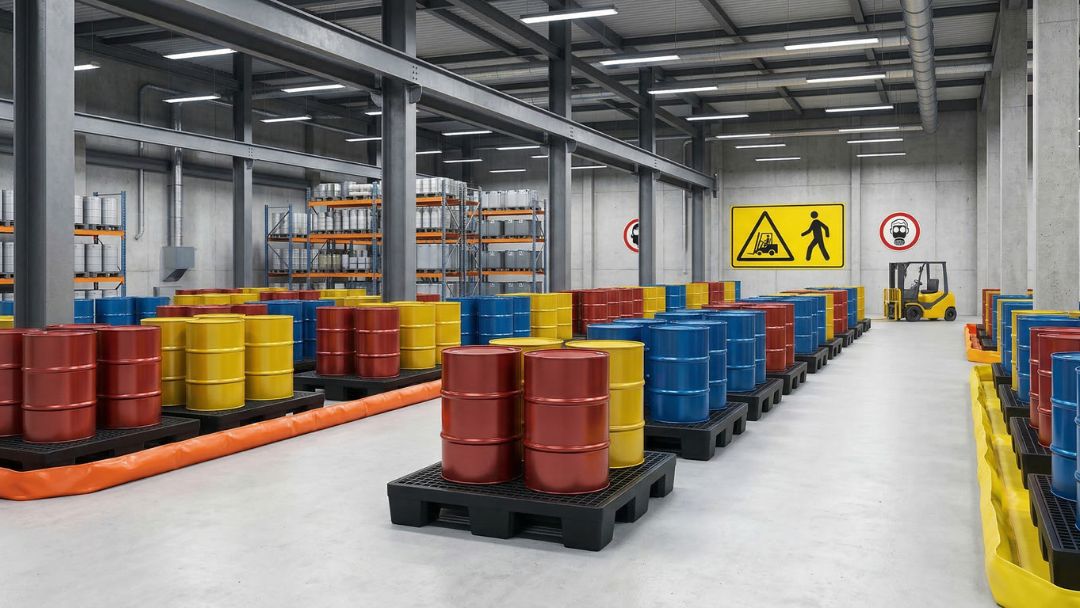 Colorful chemical drums stored on spill containment pallets in a compliant warehouse, illustrating secondary containment requirements for drums.