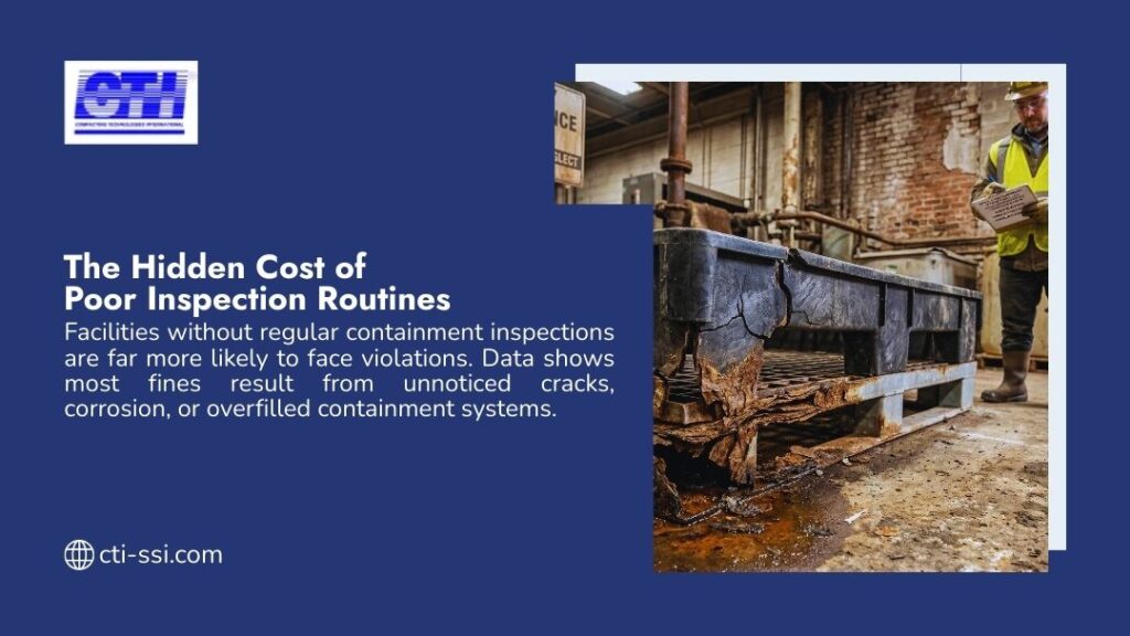 Safety inspector examining a cracked and corroded containment unit in an industrial facility, highlighting the risks of poor inspection routines.