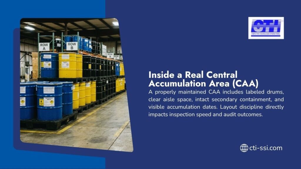 Organized Central Accumulation Area (CAA) with rows of labeled blue, yellow, and black hazardous waste drums on pallets in a warehouse.
