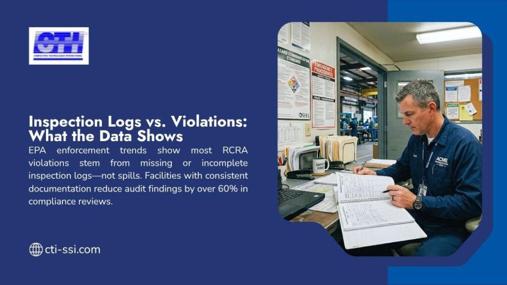 Facility worker completing inspection logs at industrial desk — inspection logs vs. violations data showing how documentation reduces RCRA audit findings.
