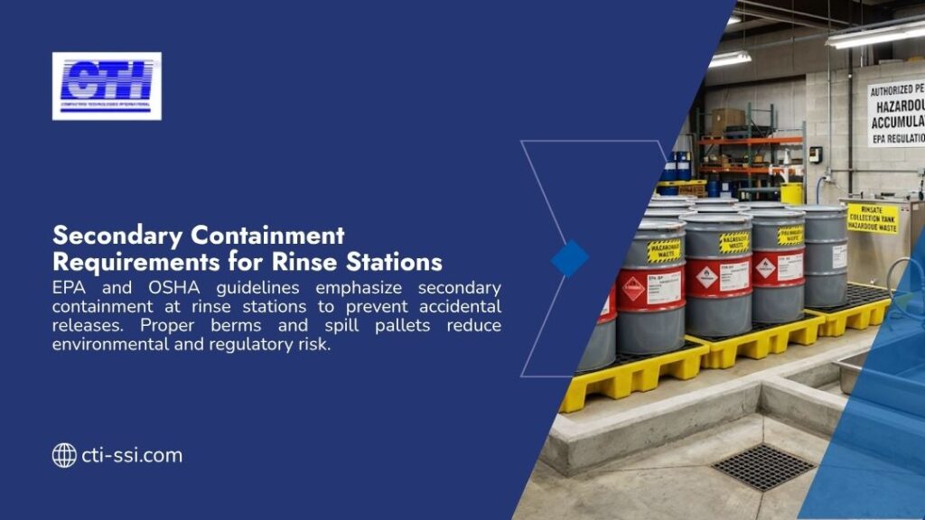 Hazardous waste drums on yellow spill pallets at industrial rinse station, meeting EPA and OSHA secondary containment requirements.