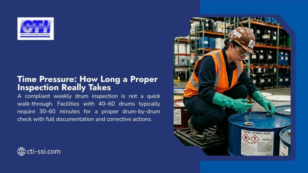 Safety worker inspecting hazardous waste drums in warehouse — time pressure and how long a proper drum inspection really takes for RCRA compliance.