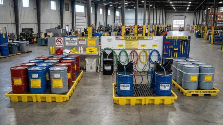 Industrial warehouse triple rinse station with red, blue, and gray hazardous waste drums on yellow spill pallets, blue rinse drums labeled RINSE 1–3, hoses, tools, and signage for EPA-compliant triple rinsing procedure.
