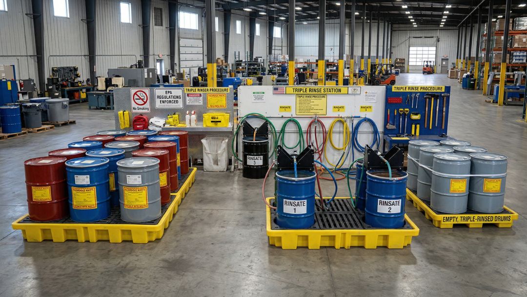Industrial warehouse triple rinse station with red, blue, and gray hazardous waste drums on yellow spill pallets, blue rinse drums labeled RINSE 1–3, hoses, tools, and signage for EPA-compliant triple rinsing procedure.
