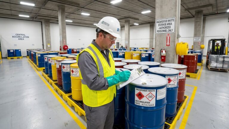 EHS compliance officer documenting weekly drum inspection in hazardous waste storage area — complete guide to RCRA drum inspection requirements.