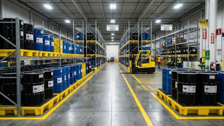 Wide industrial warehouse aisle with shelved hazardous waste drums, forklift, and safety markings, with headline "Drum Storage Aisle Spacing Requirements: Compliance Rules and Safety Standards".