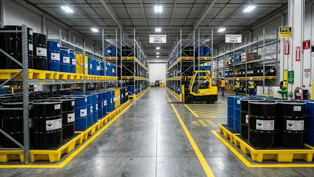 Wide industrial warehouse aisle with shelved hazardous waste drums, forklift, and safety markings, with headline "Drum Storage Aisle Spacing Requirements: Compliance Rules and Safety Standards".