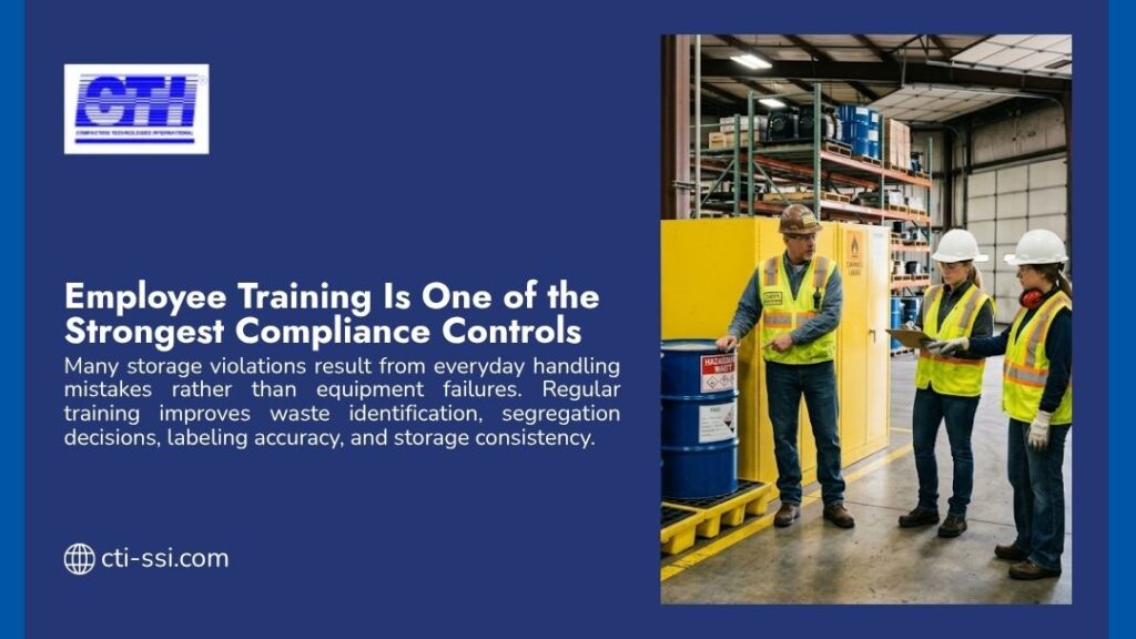 Workers in safety vests and hard hats discussing compliance near a hazardous waste barrel in industrial facility, with headline "Employee Training Is One of the Strongest Compliance Controls" by CTI.