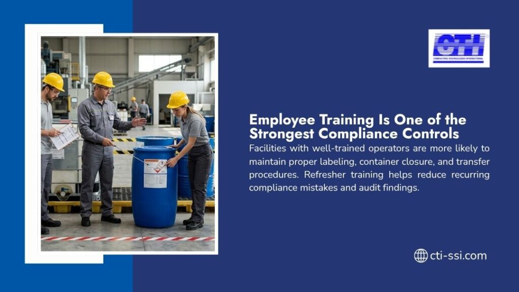 Workers in hard hats and safety gear inspecting a blue compliance barrel in industrial facility, with headline "Employee Training Is One of the Strongest Compliance Controls" by CTI.
