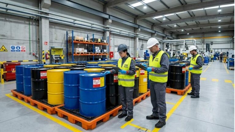 EHS compliance team inspecting labeled hazardous waste drums on spill pallets in an industrial facility, illustrating practical hazardous waste drum labeling requirements for compliance teams.