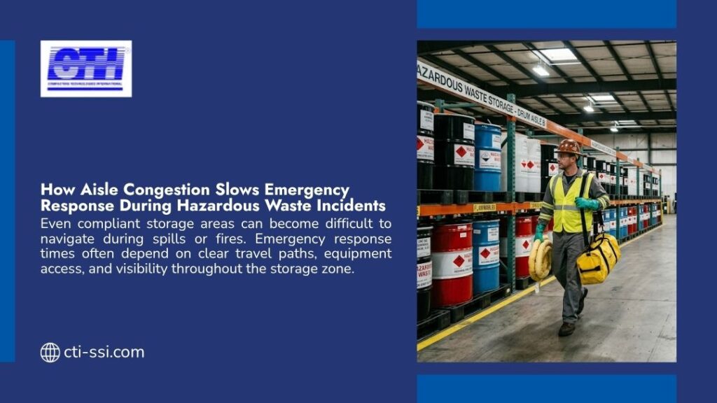 Worker in safety gear carrying emergency bag walking through narrow hazardous waste storage aisle lined with barrels, with headline "How Aisle Congestion Slows Emergency Response During Hazardous Waste Incidents" by CTI.