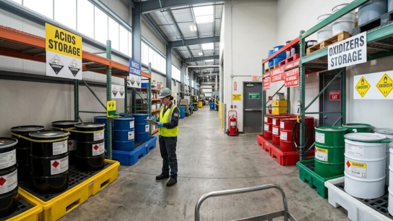Worker in safety vest reviewing tablet in industrial hazardous waste storage facility with labeled sections for acids, oxidizers, and bases.