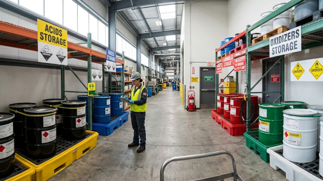 Worker in safety vest reviewing tablet in industrial hazardous waste storage facility with labeled sections for acids, oxidizers, and bases.