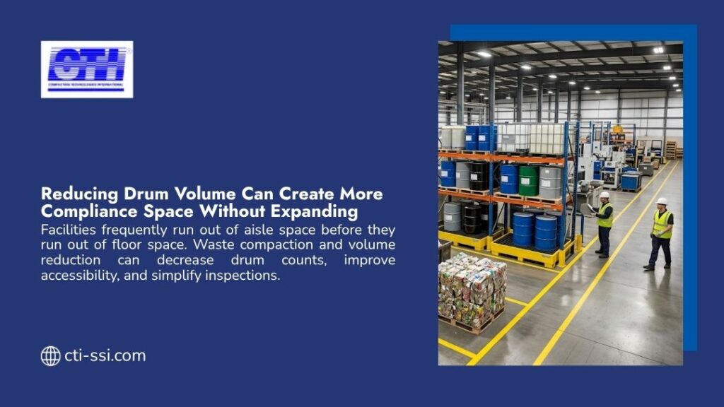 Workers in safety gear in industrial warehouse with shelves of hazardous drums and compacted waste pallet, with headline "Reducing Drum Volume Can Create More Compliance Space Without Expanding" by CTI.