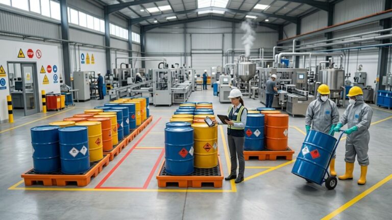 Workers in safety gear inspecting and transporting hazardous waste barrels in an industrial satellite accumulation area, with headline "Satellite Accumulation Area Requirements: The Generator's Guide for 2026
