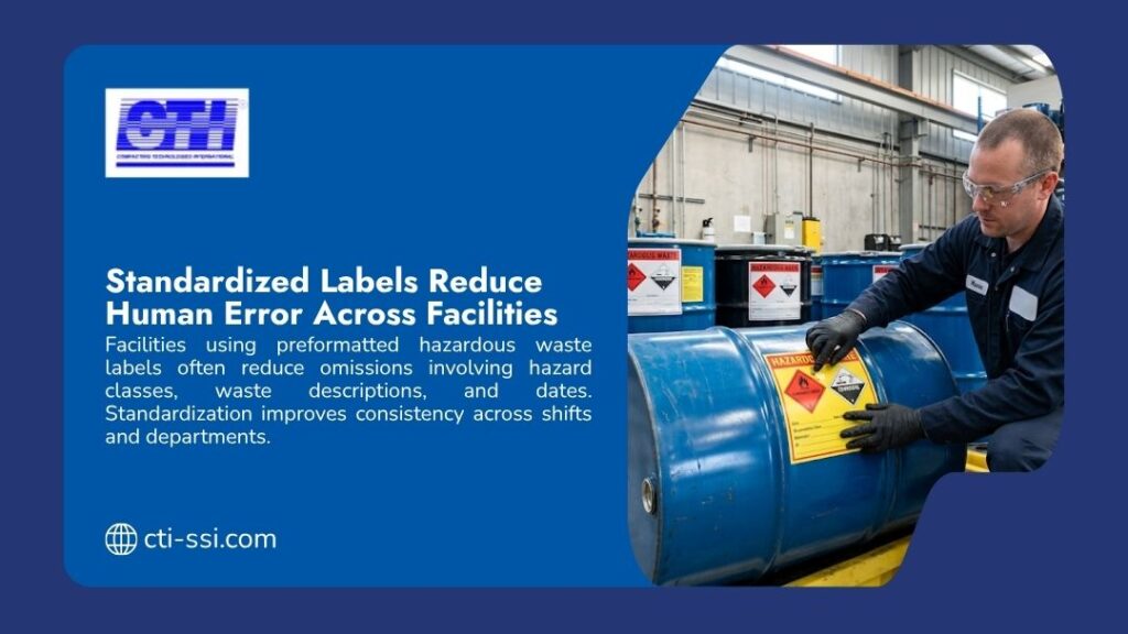 Worker in safety gear applying a hazardous waste label to a blue drum, demonstrating how standardized labels reduce human error across facilities and improve shift consistency.