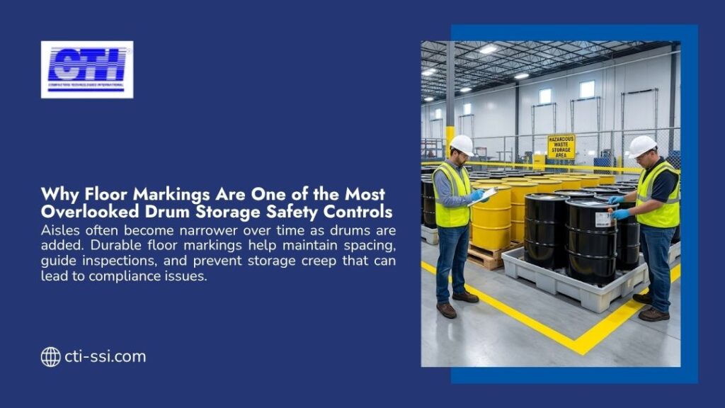 Workers in safety gear inspecting hazardous waste drums near yellow floor markings in industrial storage area, with headline "Why Floor Markings Are One of the Most Overlooked Drum Storage Safety Controls" by CTI