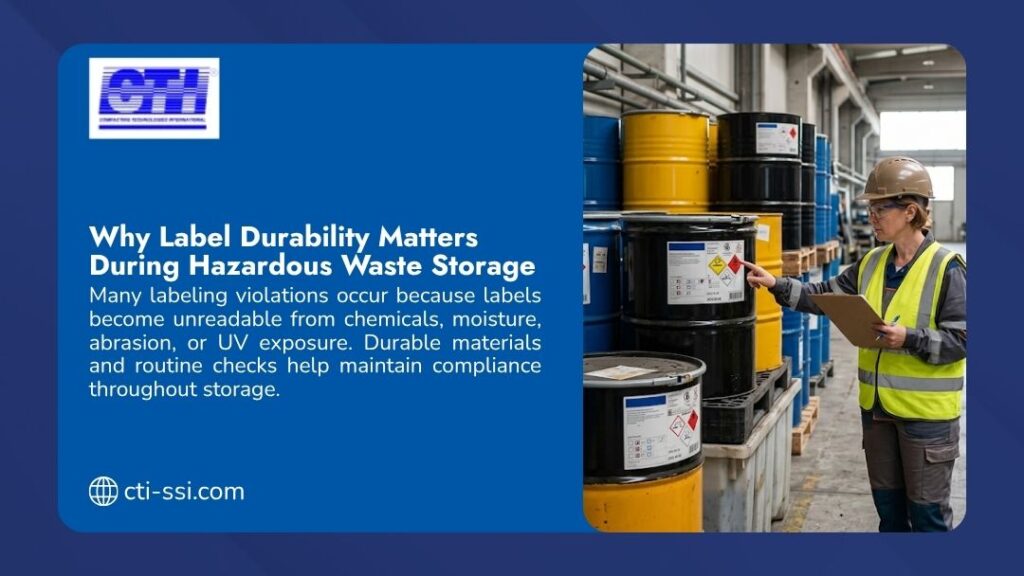 Worker in safety vest inspecting labels on stacked hazardous waste barrels, with headline "Why Label Durability Matters During Hazardous Waste Storage" by CTI.