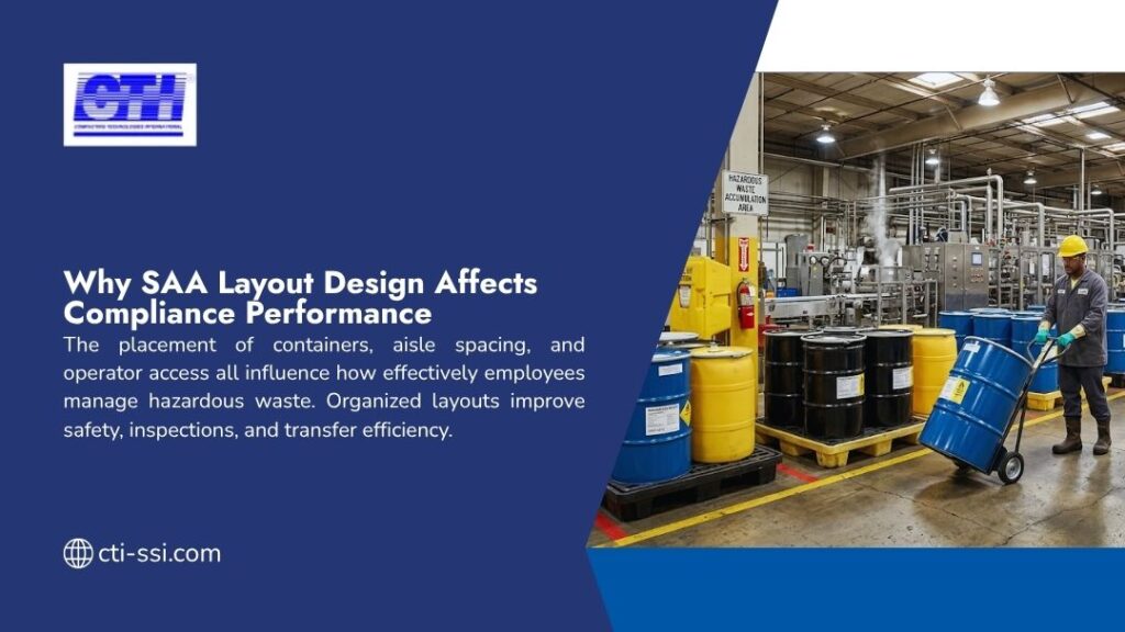 Worker in hard hat transporting a blue hazardous waste barrel with hand truck in industrial facility, with headline "Why SAA Layout Design Affects Compliance Performance" by CTI.