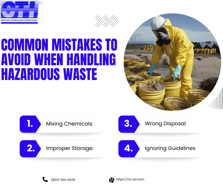 CTI infographic listing hazardous waste handling mistakes beside a photo of a worker in protective suit and gas mask